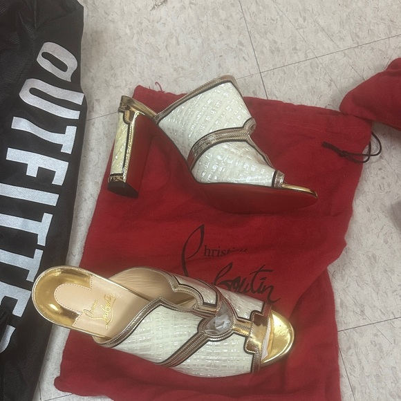 Christian Louboutin Gold and Cream Mules - Picture 1 of 6